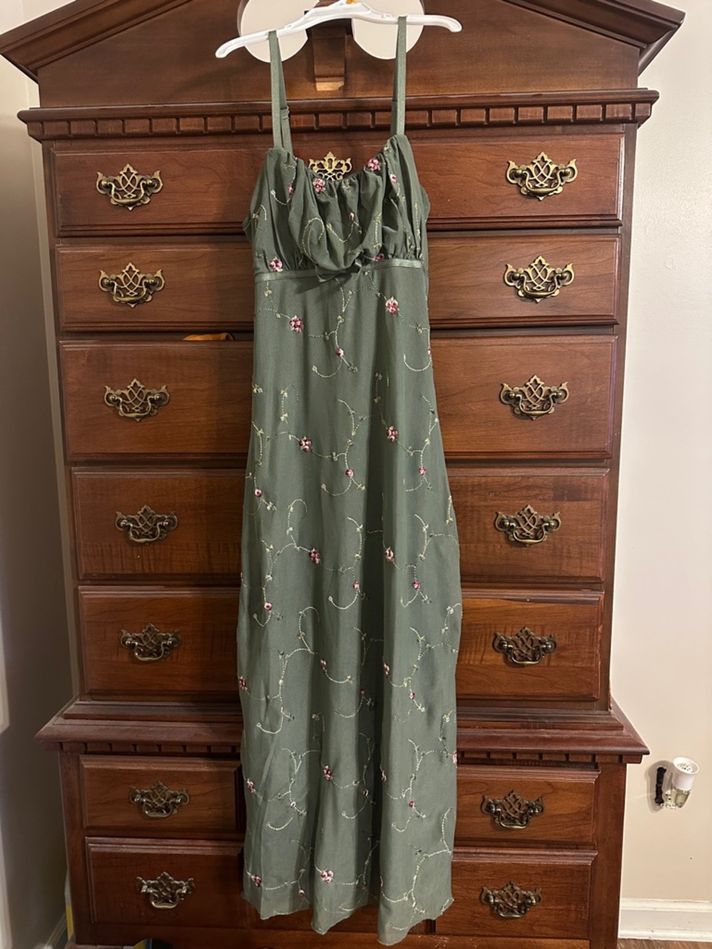 Embroidered Olive Green Maxi Dress with Spaghetti Straps